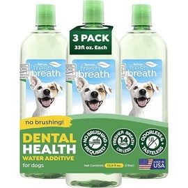 TropiClean Fresh Breath Water Additive for Dogs, Dog Breath Freshener & Teeth Cleaning Solution, No Toothpaste or Toothbrush Required, 33.8oz, 3 Pack