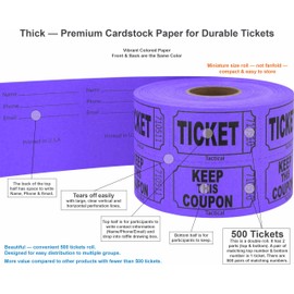 Tacticai 500 Raffle Tickets, Purple (8 Color Selection), Double Roll, Ticket for Events, Entry, Class Reward, Fundraiser & Prizes