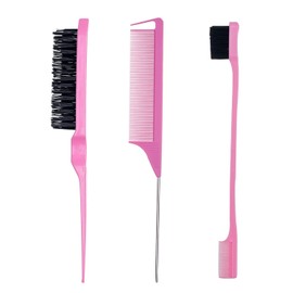 3-Piece Hair Styling Comb Set, Teasing Hair Brush, Rat Tail Comb, Edge Brush for Edge and Back Brushes, Combs, Slicking Hair for Women (Pink)