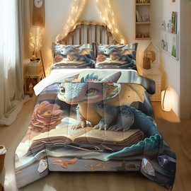 Cartoon Dragon Comforter Set Full Size Fantasy Western Animal Bedding Set Toddler Bedroom Decor Wild Daisy Flower All Season Quilt Set Cute Dragons Bedding Comforter Sets,3Pcs