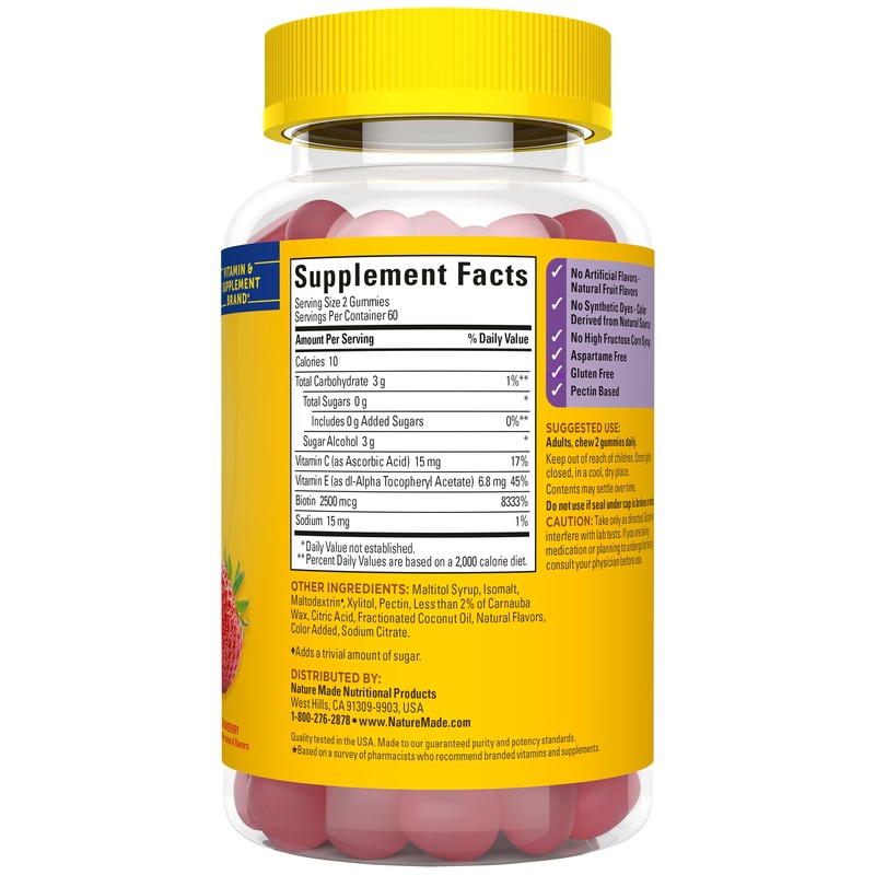 Nature Made Zero Sugar Hair Skin Nails Gummies, Biotin 2500