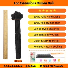 Loc Extensions Human Hair 0.6 cm 10 Inch 30 Strands Dreadlock Extensions Human Hair Loc Extensions Dreads Extensions for Men Women Kids Real Human Hair Locs 1B Natural Black Handmade Permanent Locs