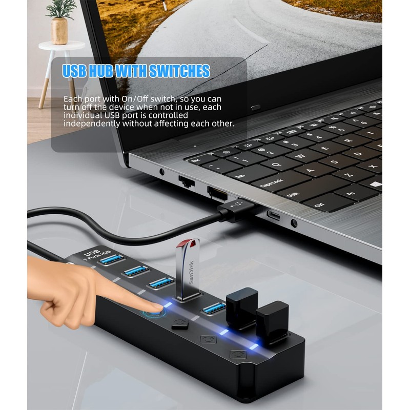 USB Hub 3.0, Eanetf 7 Port USB hub with LED