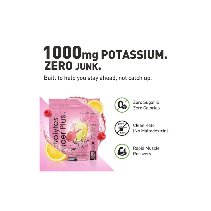 PowderVitamin Electrolitos en polvo Plus (100 porciones) Limonada de frambuesa