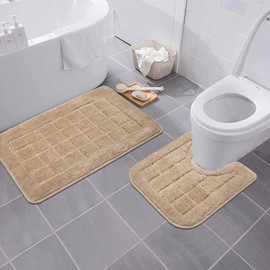 HEBE Bath Rug Set 2 Piece Beige Non Slip Bathroom Contour Rug Combo Microfiber Bath Shower Mat and U-Shaped Toilet Rug Machine Washable(21"x34"+20"x20")