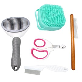 YUYUDEHM Pet Brush Grooming Kit 5pcs, Cat Brush for Shedding & Matted Fur, Self Cleaning Kit with Flea Comb for Small Dogs