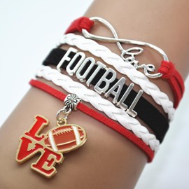 HCChanshi Football Bracelet - Infinity Love Charm Bracelet for Women, Men, Football Lovers, Football Sport Player Fans, Team Themed Jewelry in Bulk (Red, White and Black)