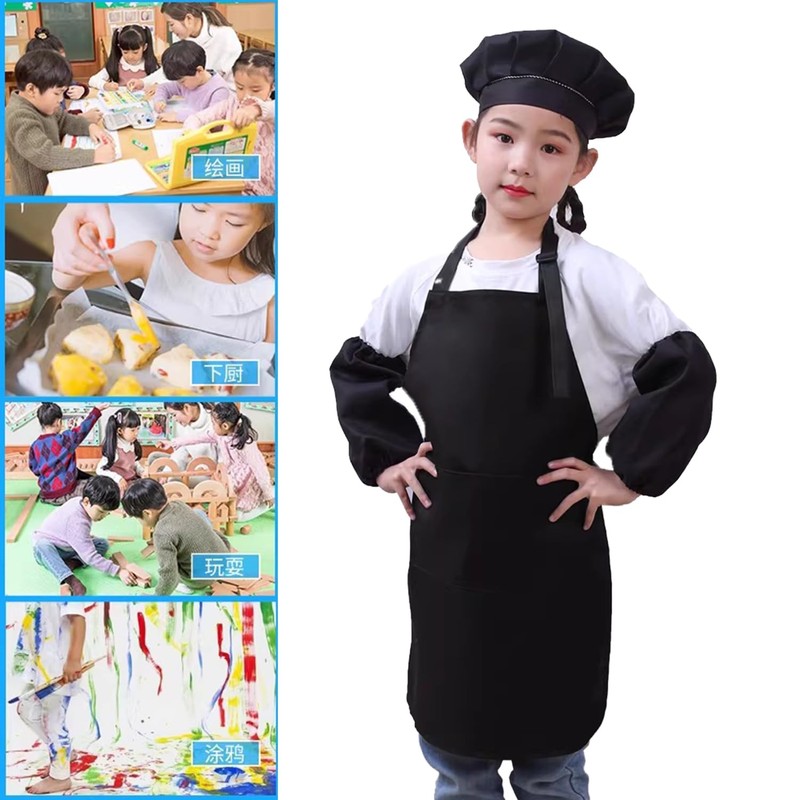 [ふうぐい] 小学生用エプロン 子供用エプロン 調節可能な ポケット2つ付き 撥水材質 汚れ防止 無地 シンプル 着脱簡単