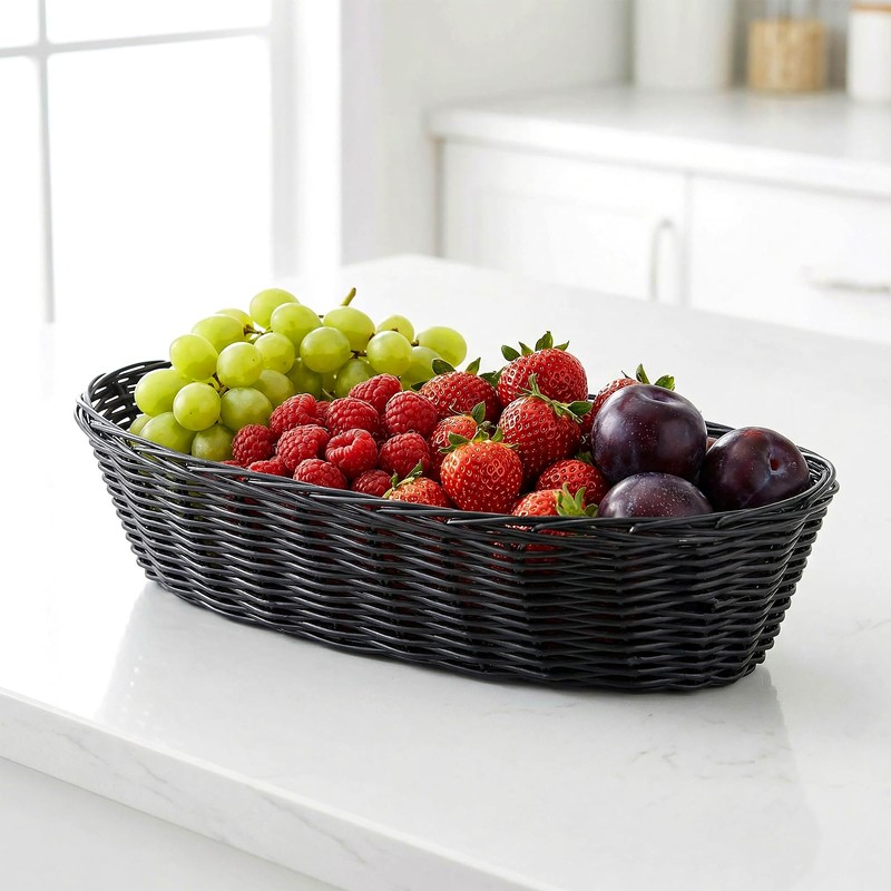 12 Pack Plastic Oval Basket, 12x6x2.36 Inch Black Wicker Bread