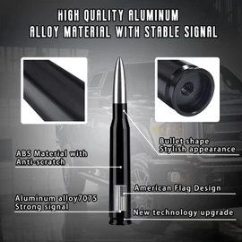 American Flag Car Truck Bullet Antenna with Valve Stem Caps, Universal Mast for GM Chevy Silverado 1500 2500 3500 HD Avalanche Ford F150 F250 F350 Denali Heavy Duty Pickup Trucks Accessories (Silver)