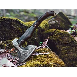 Shiny Crafts | Viking Axe | Handmade Forged Viking Axe, Carbon Steel Lion Head, Hatchet with Leather Sheath, Leather wrap Handle, Birthday for Husband