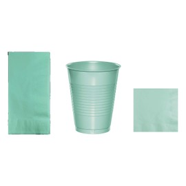 Baxters Party Bundles Bulk, Mint Green, 100 Count 16 Ounce Plastic Cups, 100 Count Dinner Paper Napkins, 100 Count Beverage Paper Napkins, Pack Contains 300 Pieces Made in the USA