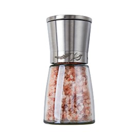 Selefina Spices: Manual Pepper/Salt Grinder (Spice Mill) with Adjustable Ceramic Blades. Glass body with stainless steel. Easy to fill, use and clean, 6oz.
