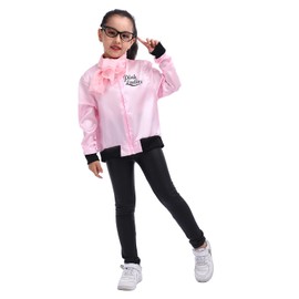 Leadtex 1950s Girls Party Pink Ladies Jacket Costume with Polka Dot Neck Scarfs and Pink Cat Eye Glasses