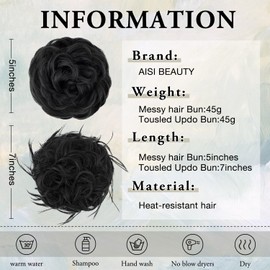 AISI BEAUTY 2PCS Messy Bun Hair Pieces Tousled Updo Hair Buns Extensions Wavy Curly Scrunchies Synthetic Chignon Hairpieces for Women (Black)