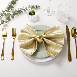 FEKIDO Gold Napkin Rings Plus Satin Cloth Napkins Set of 16, 17 x 17 inches Smooth Fabric Napkins with Metal Circle Napkin Holders for Wedding Birthday Banquet Parties Table Decoration (Gold)