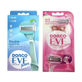 Doruco 도루코 EVE 퓨어 여성용 면도기+면도날 2개(장착날포함)+EVE 모이스처 휴대용 바디면도기 3개 Dorco EVE Pure Women's Razor + 2 Blades (including attached blade) + EVE Moisture Portable Body Razor 3 pieces
