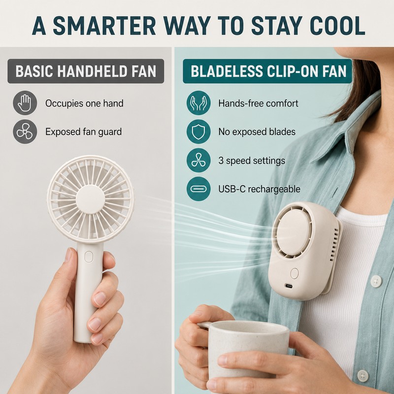 Portable Mini Bladeless Clip-On Fan, 3-Speed USB-C Rechargeable Wearable Shirt