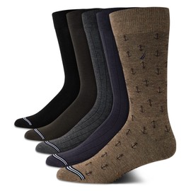 Nautica Men's Dress Socks - 5 Pack Stretch Comfort Crew Socks with Stay Up Cuffs and Reinforced Seams (Shoe Size: 6-12.5), Size 6-12.5, Khaki/Navy/Black