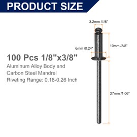 sourcing map 100Pcs 1/8"x3/8" Aluminum Blind Rivets, Aluminum Grip and Steel Mandrel, Countersunk Head Long Split Rivets for Metal, Furniture, Automotive, Black