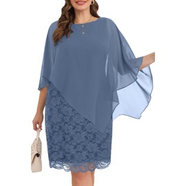 Women Mother Bride Dresses Plus Size Dusty Blue Wedding Guest Cocktail Lace Chiffon Overlay Pencil Knee Length Dress
