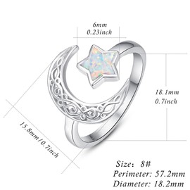 Dreamboat Sterling Silver Moon and Star Rings for Women Crescent Moon Ring Celestial Galaxy Ring White Opal Ring Witchy Ring Star Jewelry Gifts Adjustable Open Ring