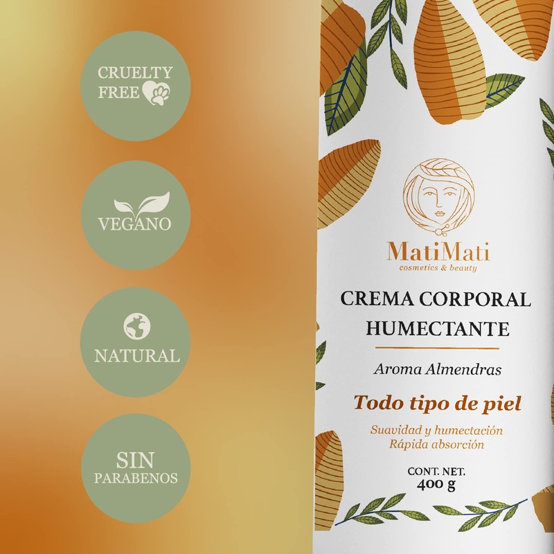 Crema Corporal Humectante Aroma Almendras MatiMati Para manos, Suavidad, Ligera,