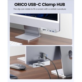 ORICO USB Hub 3.0, Clamp USB Hub with Extra Power Port, Aluminum USB C Adapter with 2 USB-A Data Ports,3.5mm AUX, SD/TF Card Reader for Desktop(Silver)