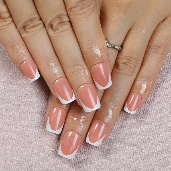 24Pcs French False Nails Short - Square Press on Nails