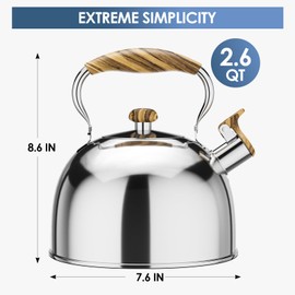Tea Kettles Stovetop, 2.6 Quart Whistling Tea Kettle for Stove Top, Food Grade Stainless Steel Teapot Tea Pot with Wood Pattern Handle for Home Kitchen, Silver