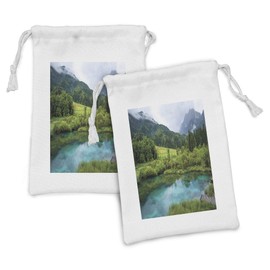 Ambesonne Landscape Fabric Pouch Set of 2, Photo of Zelenci Pond near Kranjska Gora in Slovenia Idyllic View Scenic Scenery, Small Drawstring Bag for Toiletries Masks and Favors, 9" x 6", Green Aqua