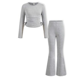 FJLSJSW Kids Toddler Girl Clothes Ruched Drawstring Long Sleeve Top and Girls Flared Pants 2Pcs Girls Outfits Size (7-8T) Grey