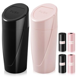 [2-Pack] Car Trash Can with Lid and Liners + Bonus Air Vent Clip Air Fresheners – Small Bin for Cup Holder, Car Door, or Console – Leakproof Automotive Garbage Can