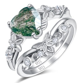 JIARUI Natural Moss Agate Ring 925 Sterling Silver Green Moss Agate Ring Inlay 14K White Gold Ring Plated Engagement Wedding Jewelry Gift for Women Ring Set Fit Size 7