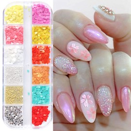Flower Petals Glitter Nail Art Sequins, Mixed Floral Nail Flakes Beads Rhinestone Nail Art Design, 3D Flowers Acrylic Nails Supplies for Women Girls Manicure Charms Decorations, Flower Nail Art Tips