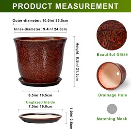 SUNPOTFOR 10 Inch Plant Pot - Ceramic Pots for Plants with Drainage Hole and Saucer, Round Flower Pot for Indoor Outdoor, Modern Ceramic Planter, Garden Room Home Decor, House Warming Gifts, Red