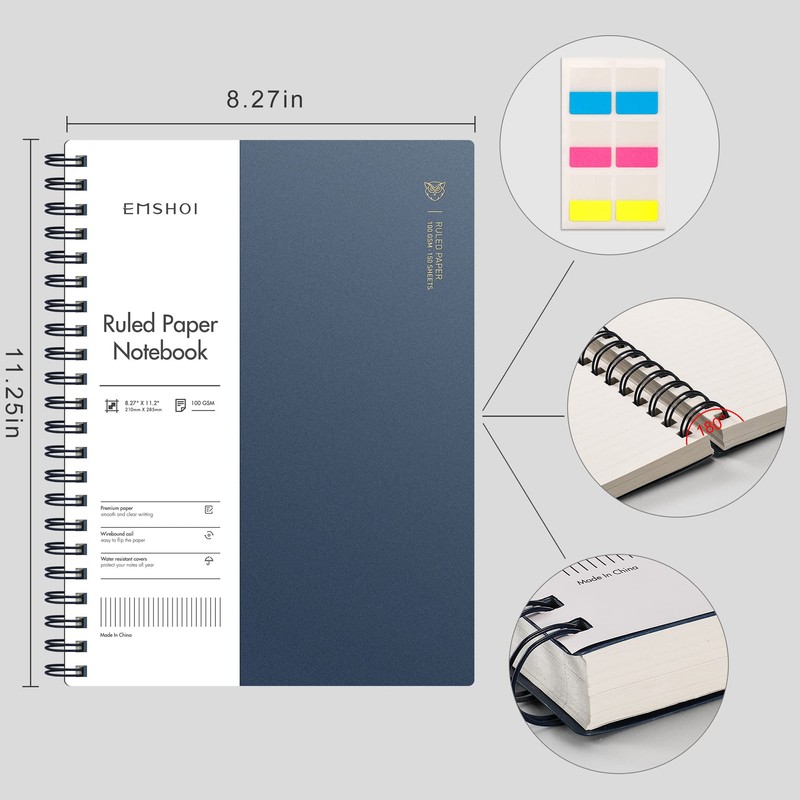 EMSHOI A4 Spiral Notebook College Ruled Lined Journal, 11.2" X
