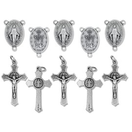 Bulk Pack of 5 - Rosary Cross and Center Sets - 1.5" Saint Benedict Crucifix and 1" Miraculous Medal Rosary Center Piece, Catholic Rosary Making Kit to Make Your Own Rosary