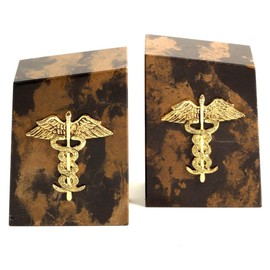Bey-Berk Apollo Tiger Eye Marble Bookends, Brown – Heavy-Duty Stone Book Stopper with Gold Medical Emblem, Office Décor
