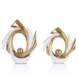 White and Gold Abstract Ceramic Sculpture Set of 2, Modern Table Decor
