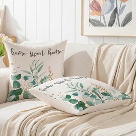 Jayusaror Spring Cushion Cover, 45 x 45 cm, Green and White Eucalyptus Leaves, Outdoor Sofa Cushion Covers, Decorative Cushion, Couch Cushion Covers, Decorative Cushion Cover, Garden Sofa Decoration,