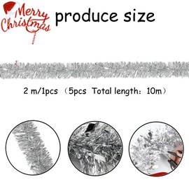 YINZZTRY Christmas Tinsel Garland, 5 x 2 m Christmas Garland Tinsel, Metallic Tinsel Garlands, Garland Tinsel Hanging Decoration, for Doors, Fireplaces, Stair Railings, Silver