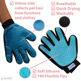 Zenify Pet Grooming Glove - For Cat, Kitten, Dog, Puppy, Rabbit, Horse - Dual Sided 2-in-1 Upgrade Version Machine Washable Enhanced Efficient Silicon Massage One-Size-Fits-All Gift Hair Deshedding Remover Mitt (Right Hand)