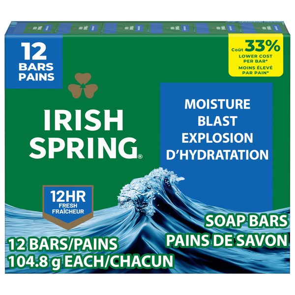 Irish Spring Moisture Blast Deodorant Bar Soap for Men, 12