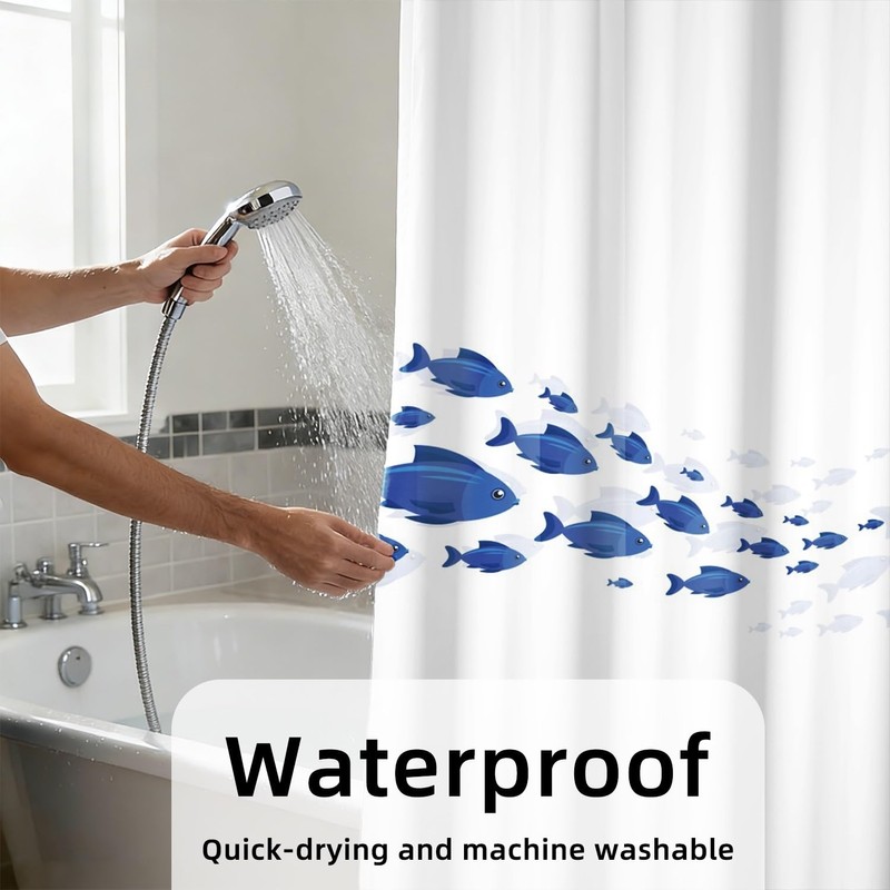 Yeele School of Fish Minimalist Ocean Wave Shower Curtain, Blue