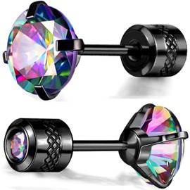 Titanium Round CZ Screw Flat Back Earrings Stud Earrings For Women Men Hypoallergenic for Sensitive Ears