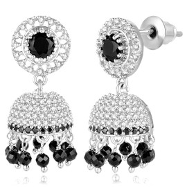 Aheli Silver Plated Cubic Zirconia Black Crystal & Beads Studded Jhumki Earrings Jewelry for Women