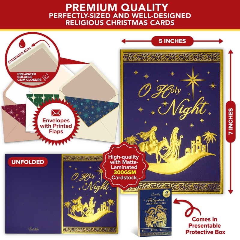 Decorably 18 Pack Gold Foiled Embossed Religious Christmas Cards with