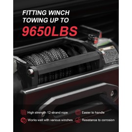 Kolvoii Synthetic Winch Rope Kit, 1/4" x 50ft 9,650lbs Winch Cable with Steel Hook, Winch Line Stopper and Safety Pull Strap for ATV UTV Off-Road Vehicle etc (Grey Rope, Black Hook)