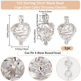 Beebeecraft Heart Cage Charms Sterling Silver Love with Flower Micro Pave Clear Cubic Zircon Pearl Blank Bead Cage Ball Hollow Pendant Charms Setting for Jewellery DIY Art Craft